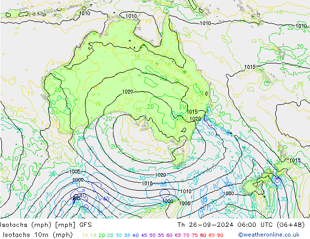 Isotachen (mph) GFS Do 26.09.2024 06 UTC