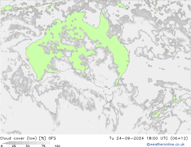 Cloud cover (low) GFS Tu 24.09.2024 18 UTC