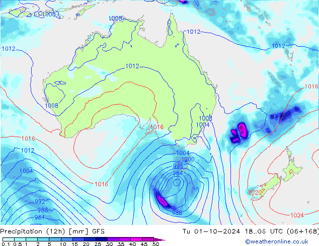 Totale neerslag (12h) GFS di 01.10.2024 06 UTC