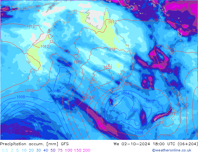 Precipitation accum. GFS śro. 02.10.2024 18 UTC