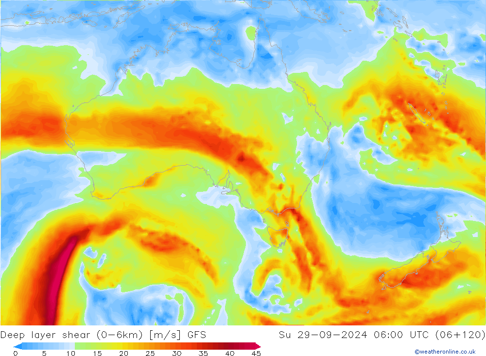 Deep layer shear (0-6km) GFS Ne 29.09.2024 06 UTC