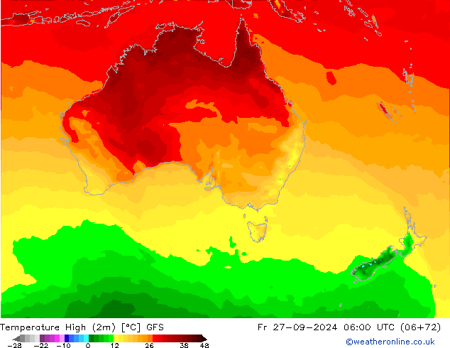 Nejvyšší teplota (2m) GFS Pá 27.09.2024 06 UTC