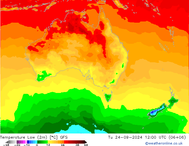 Nejnižší teplota (2m) GFS Út 24.09.2024 12 UTC