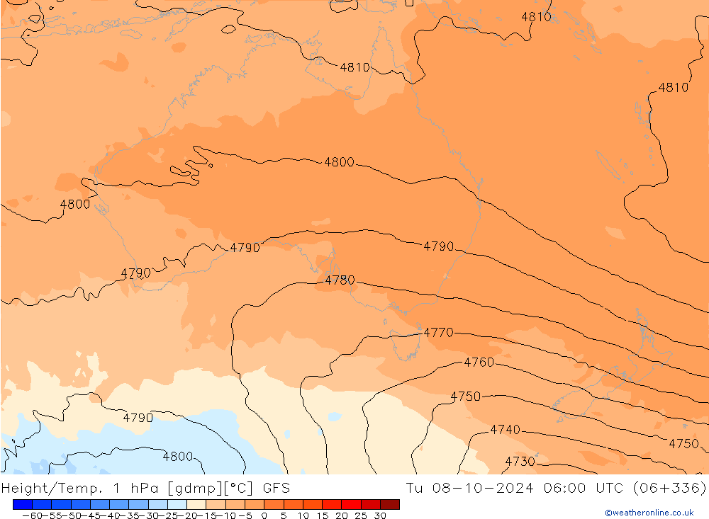 Height/Temp. 1 hPa GFS Di 08.10.2024 06 UTC