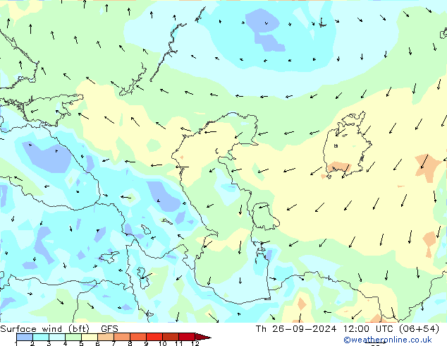 Wind 10 m (bft) GFS do 26.09.2024 12 UTC