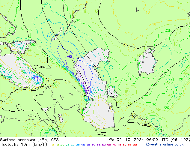 Isotachs (kph) GFS ср 02.10.2024 06 UTC