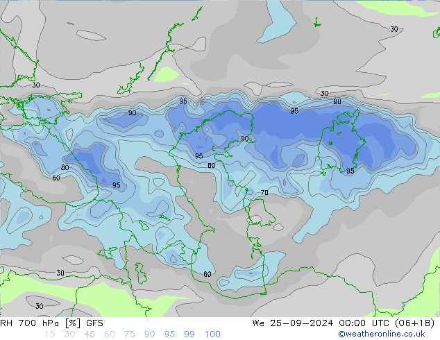 RH 700 hPa GFS We 25.09.2024 00 UTC