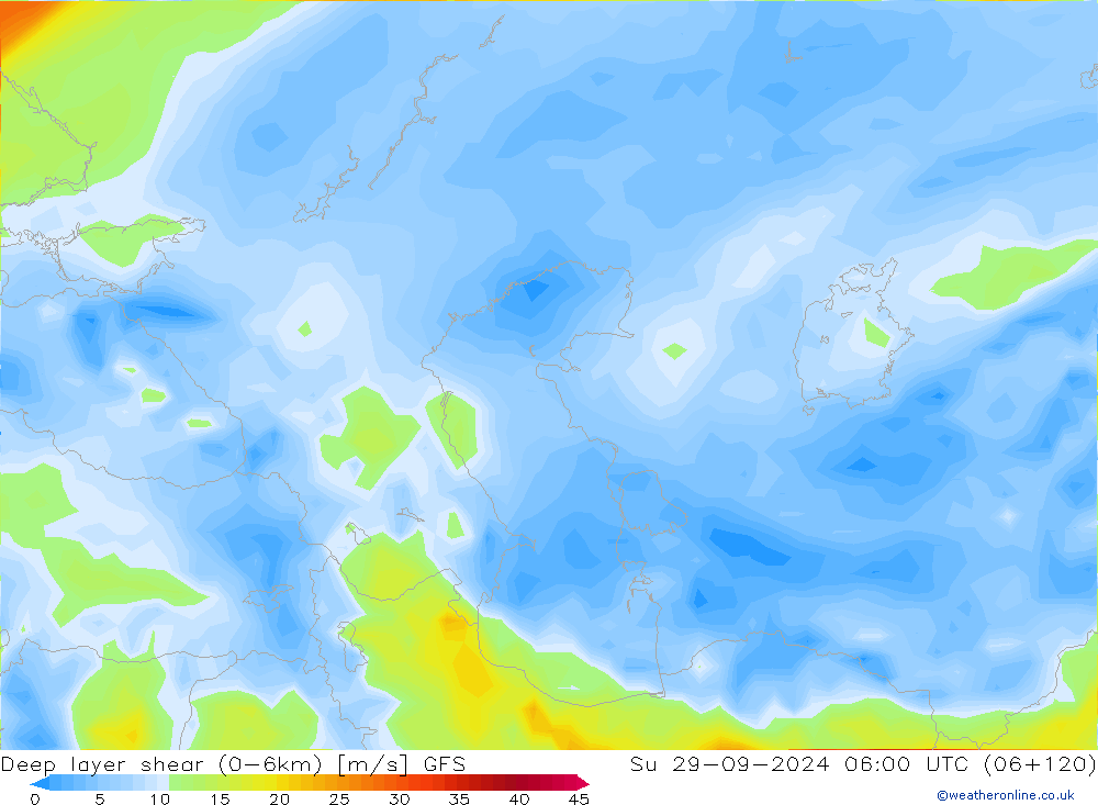 Deep layer shear (0-6km) GFS Paz 29.09.2024 06 UTC