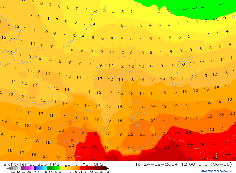 Yükseklik/Sıc. 850 hPa GFS Sa 24.09.2024 12 UTC