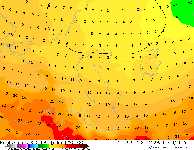 Géop./Temp. 850 hPa GFS jeu 26.09.2024 12 UTC