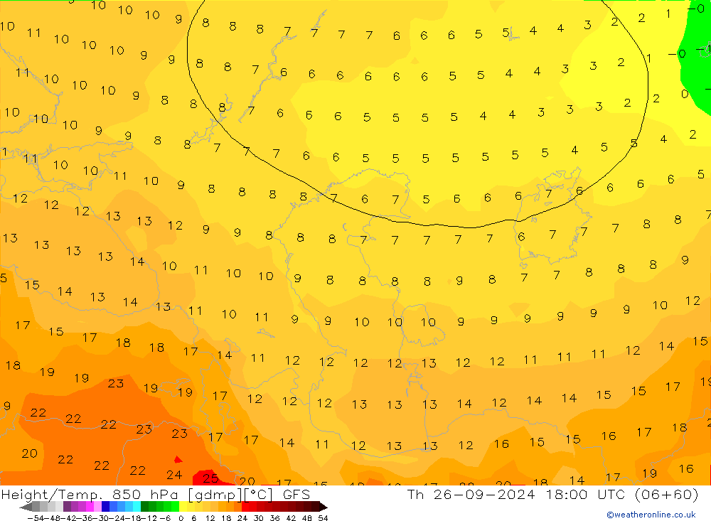 Height/Temp. 850 hPa GFS czw. 26.09.2024 18 UTC