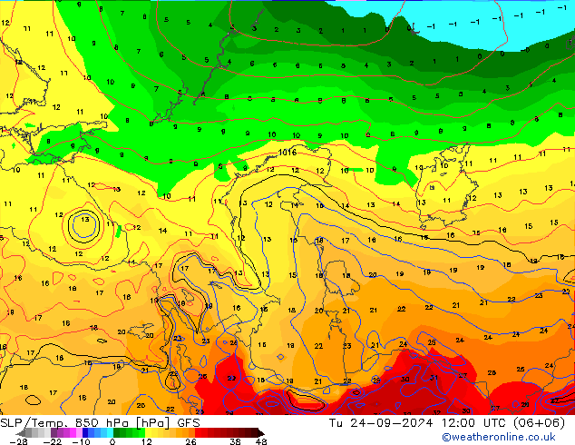 SLP/Temp. 850 hPa GFS di 24.09.2024 12 UTC