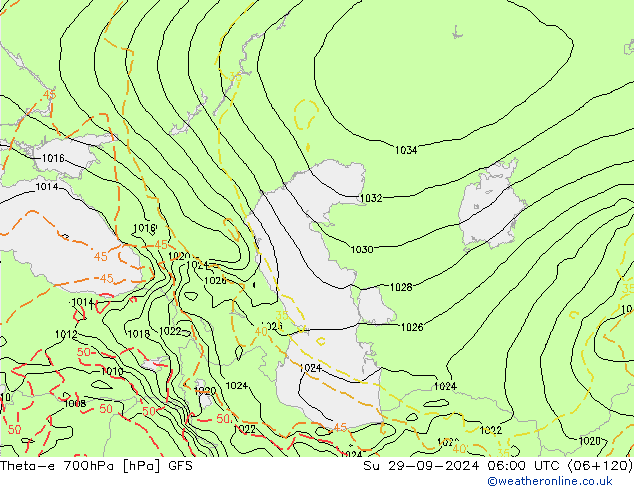 Theta-e 700hPa GFS nie. 29.09.2024 06 UTC