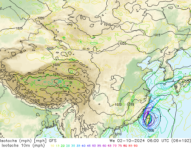 Isotachs (mph) GFS ср 02.10.2024 06 UTC