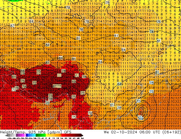 Height/Temp. 925 hPa GFS We 02.10.2024 06 UTC