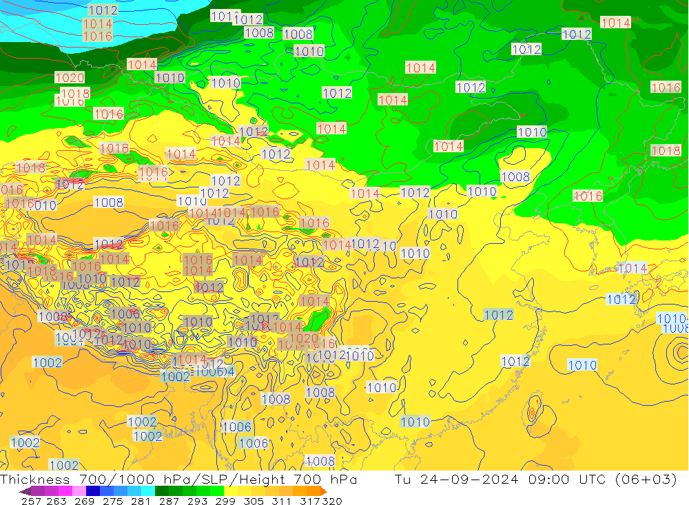 Thck 700-1000 hPa GFS Ter 24.09.2024 09 UTC