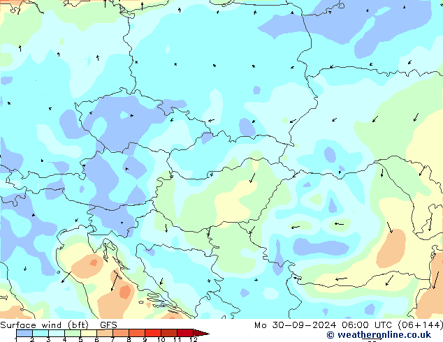 Vento 10 m (bft) GFS lun 30.09.2024 06 UTC