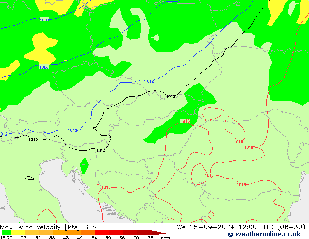 Max. wind velocity GFS We 25.09.2024 12 UTC