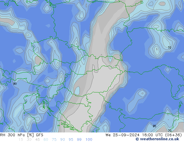 RH 300 hPa GFS śro. 25.09.2024 18 UTC