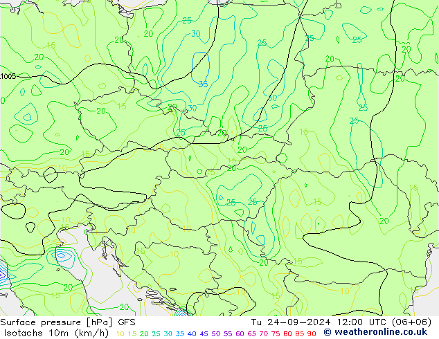 Isotachs (kph) GFS вт 24.09.2024 12 UTC