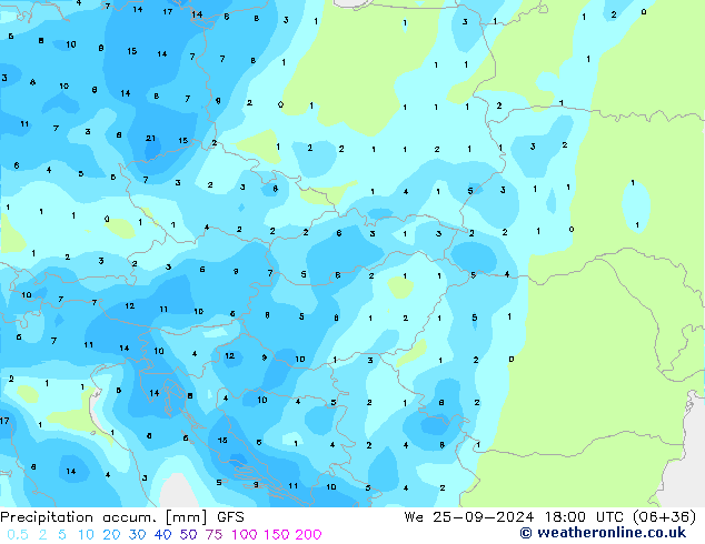 Precipitation accum. GFS śro. 25.09.2024 18 UTC