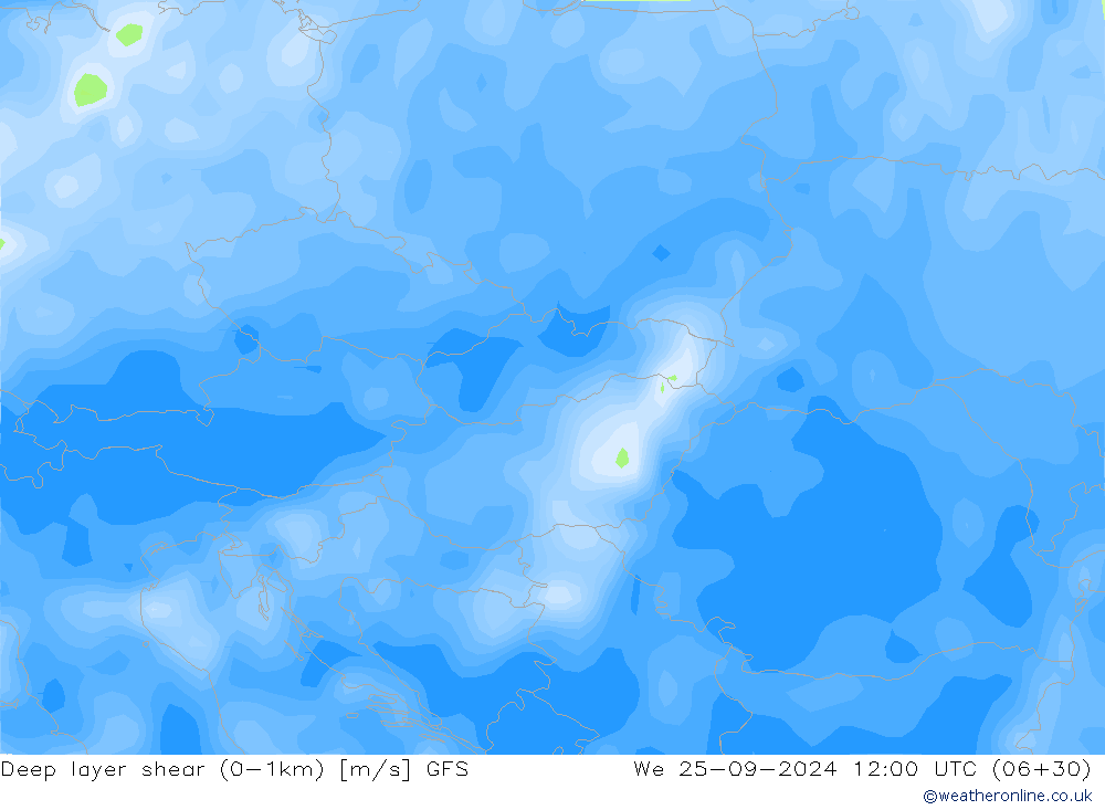 Deep layer shear (0-1km) GFS mié 25.09.2024 12 UTC