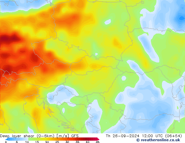 Deep layer shear (0-6km) GFS do 26.09.2024 12 UTC