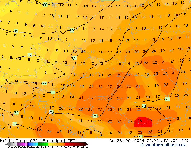 Height/Temp. 925 hPa GFS Sáb 28.09.2024 00 UTC