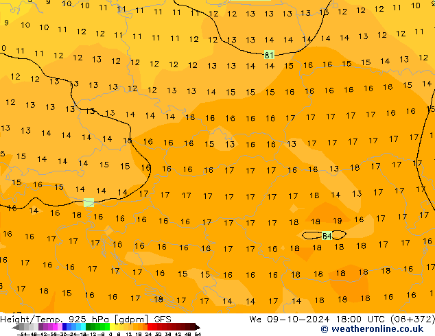 Géop./Temp. 925 hPa GFS mer 09.10.2024 18 UTC