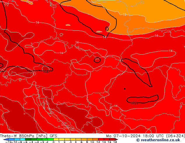 Theta-W 850hPa GFS Mo 07.10.2024 18 UTC