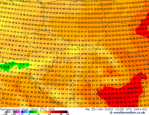 Max.temperatuur (2m) GFS wo 25.09.2024 12 UTC