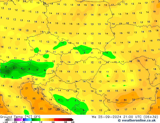 Temp. gruntu GFS śro. 25.09.2024 21 UTC