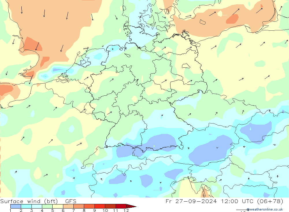  10 m (bft) GFS  27.09.2024 12 UTC