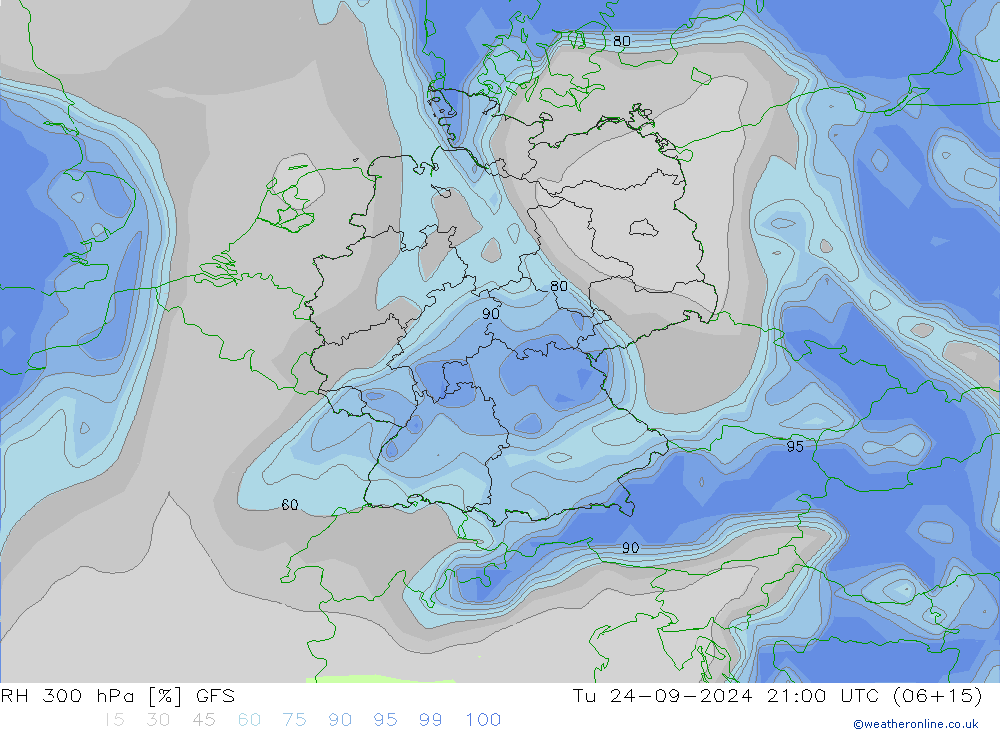 Humidité rel. 300 hPa GFS mar 24.09.2024 21 UTC