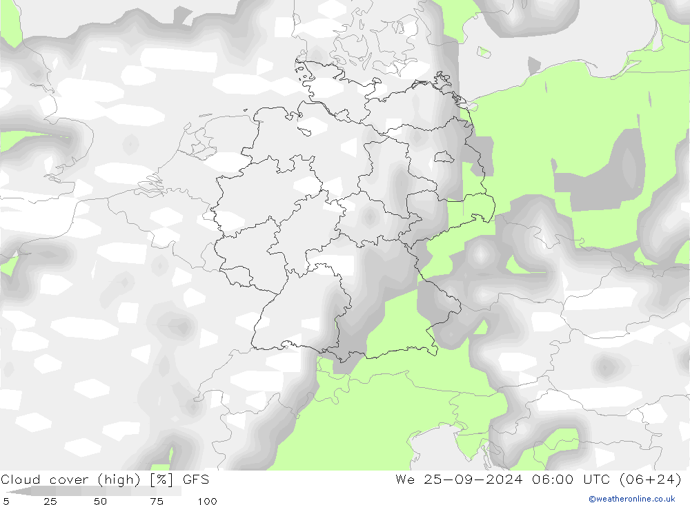 Cloud cover (high) GFS We 25.09.2024 06 UTC