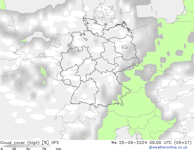 Wolken (hohe) GFS Mi 25.09.2024 09 UTC