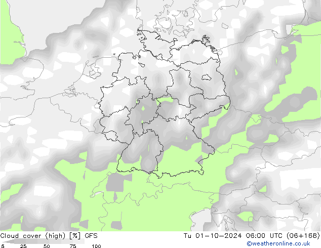 Cloud cover (high) GFS Tu 01.10.2024 06 UTC