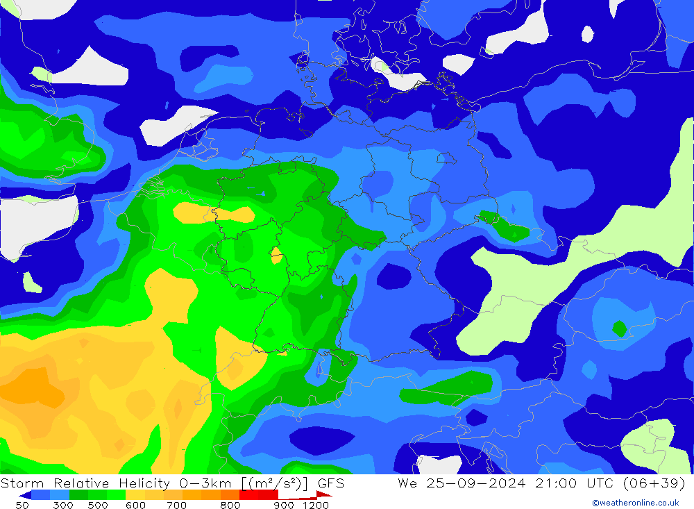 Storm Relative Helicity GFS mer 25.09.2024 21 UTC