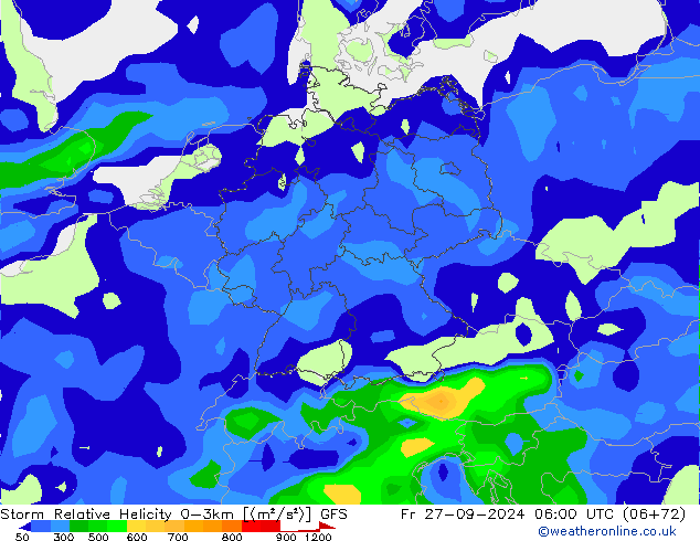 Storm Relative Helicity GFS Sex 27.09.2024 06 UTC