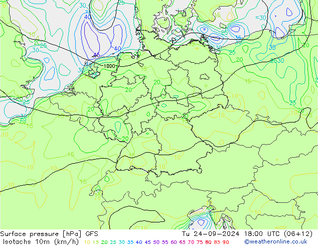 10米等风速线 (kph) GFS 星期二 24.09.2024 18 UTC