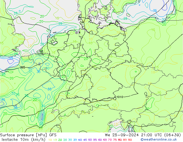 Isotachs (kph) GFS St 25.09.2024 21 UTC