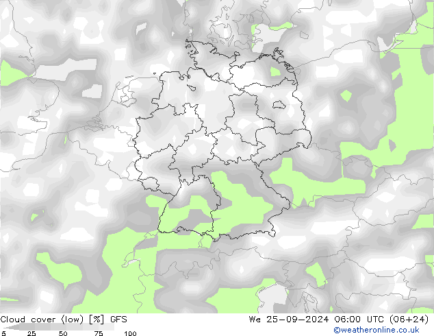 Wolken (tief) GFS Mi 25.09.2024 06 UTC