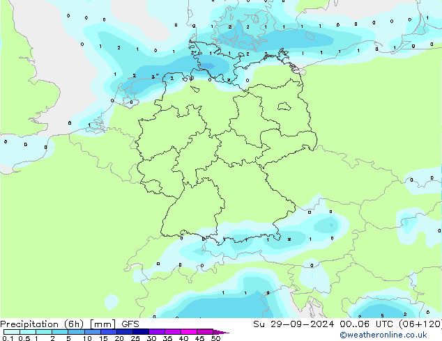 Precipitazione (6h) GFS dom 29.09.2024 06 UTC