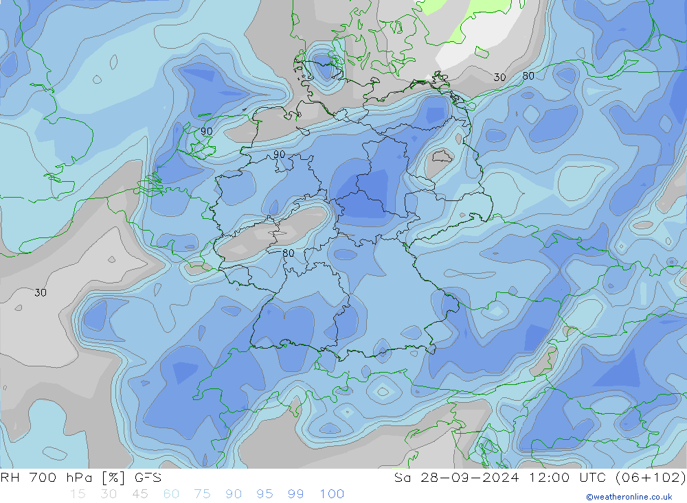 Humedad rel. 700hPa GFS sáb 28.09.2024 12 UTC