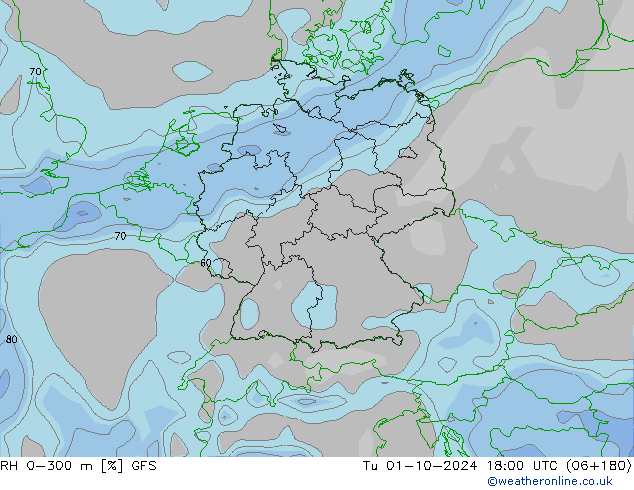 RH 0-300 m GFS вт 01.10.2024 18 UTC