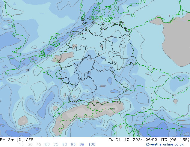 RH 2m GFS Út 01.10.2024 06 UTC