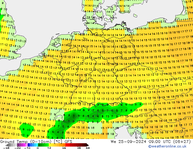 Topraküstü en düşük Sıc. GFS Çar 25.09.2024 09 UTC