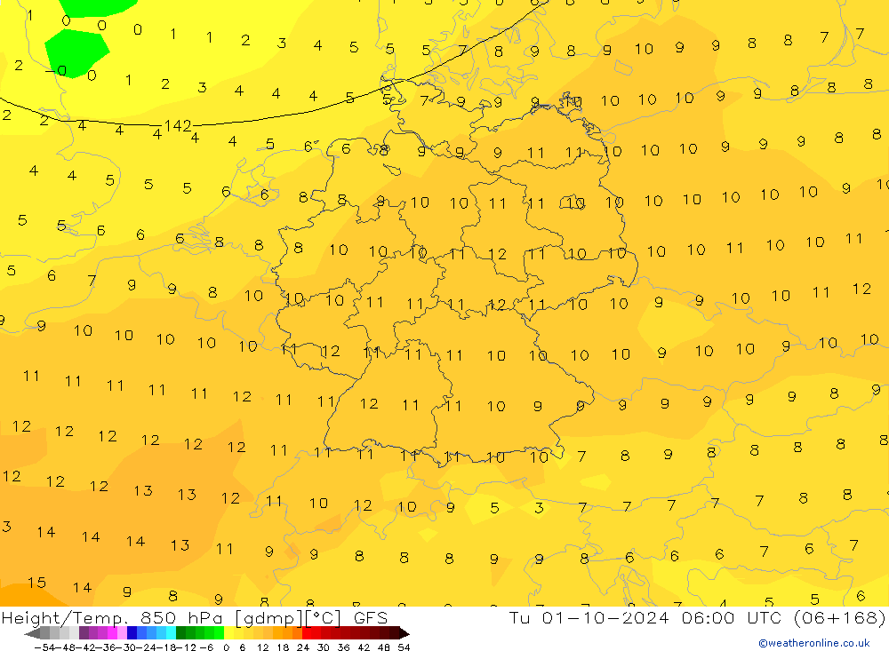 Yükseklik/Sıc. 850 hPa GFS Sa 01.10.2024 06 UTC