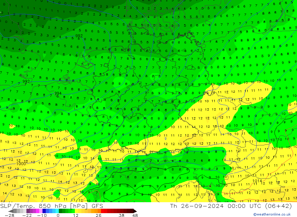 850 hPa Yer Bas./Sıc GFS Per 26.09.2024 00 UTC