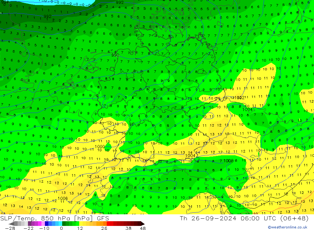 SLP/Temp. 850 hPa GFS jue 26.09.2024 06 UTC